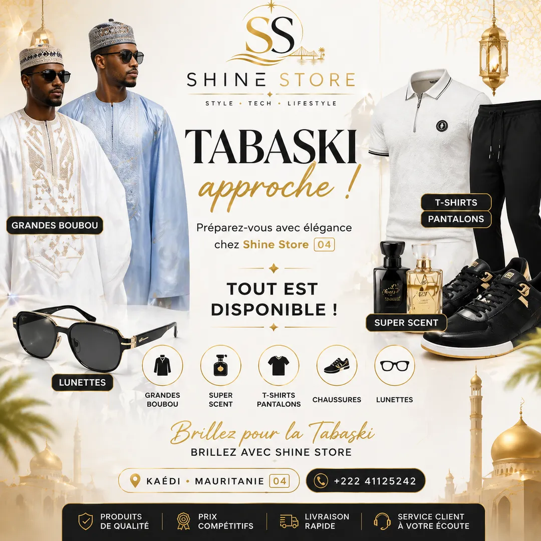 Affiche SHINE STORE avec grands boubous, lunettes, parfums et chaussures