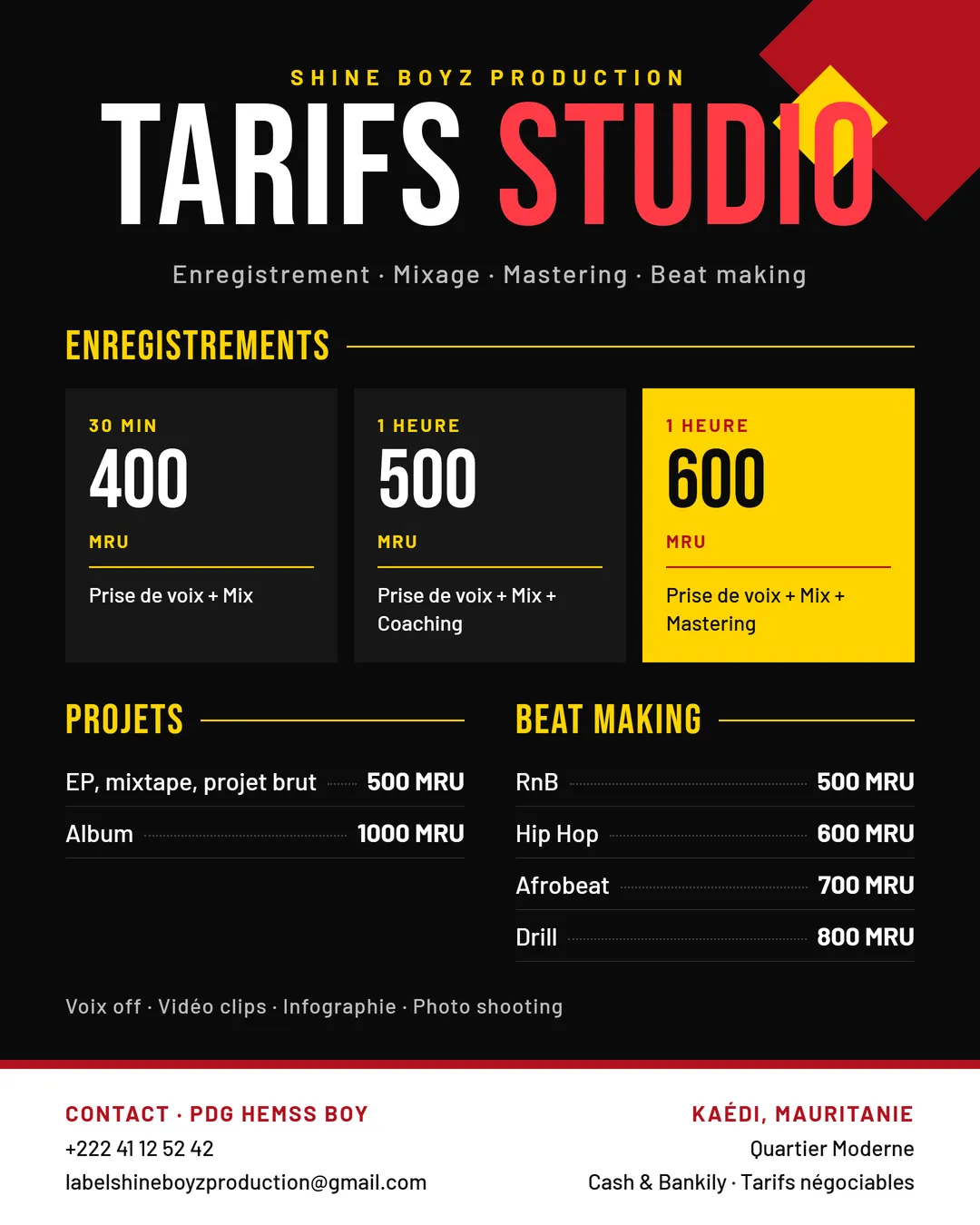 Affiche noire, rouge et jaune présentant les tarifs du studio SHINE BOYZ PRODUCTION