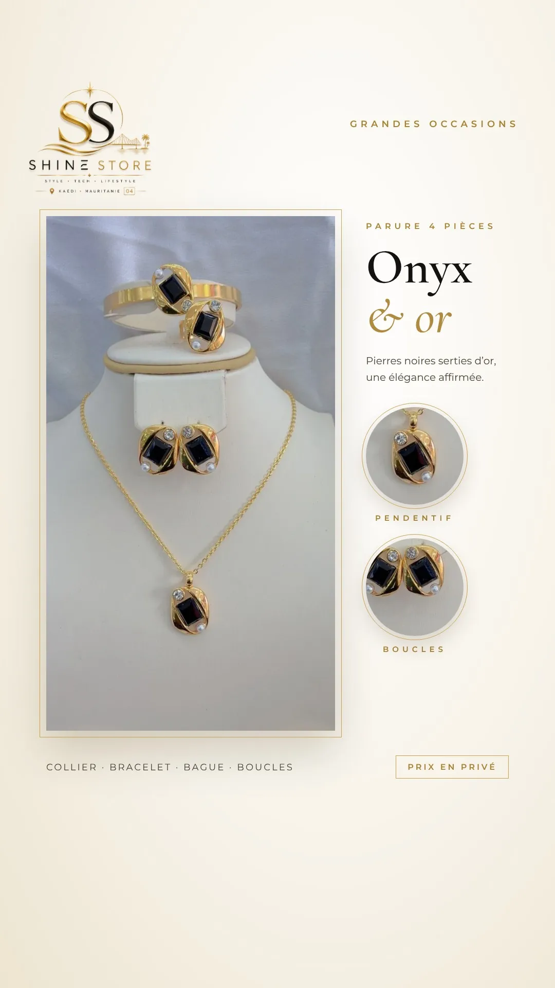 Affiche ivoire présentant la parure Onyx et or