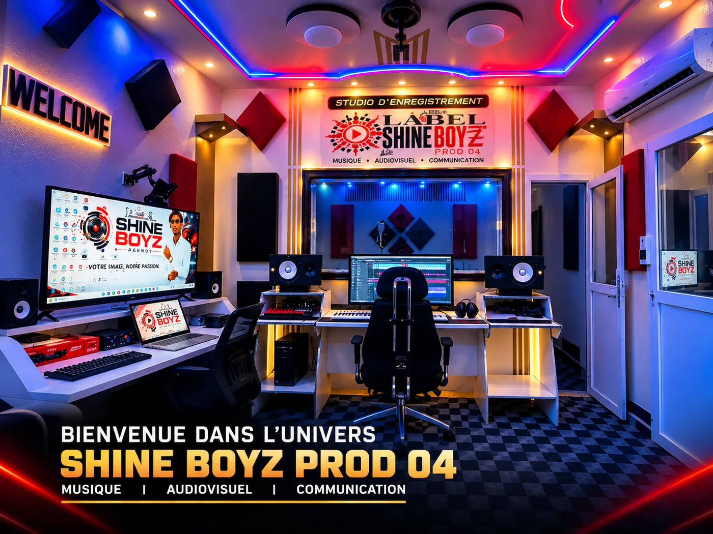 Visuel « Bienvenue dans l'univers SHINE BOYZ PROD 04 » montrant le studio